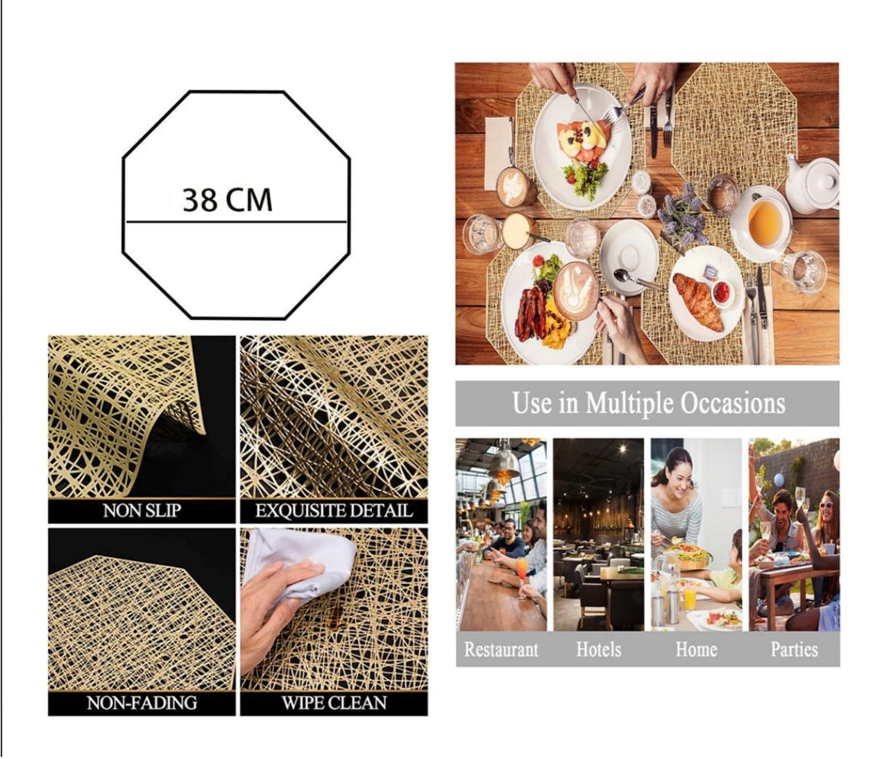 Placemat Set of 12 Pieces- Wedding / Decoration / Dinning Table PVC Place mat - GOLD